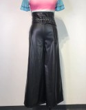 Black Pu Leather High Waist Wide-Leg Pants With Belt