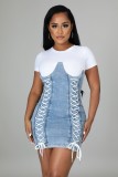 White and Blue Patch Lace Up Short Sleeves Mini Denim  Dress