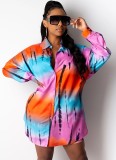 Colorful Print Button Up Long Sleeves Blouse and Shorts Two Piece Set