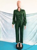 Green Button Up Turndown Collar Blouse Jumpsuit with Belt