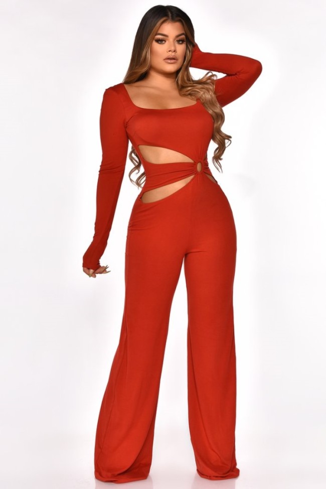 Red Hollow Out Square-Ring Long Sleeve Jumpsuit