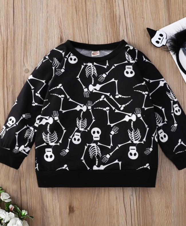 Kids Girl Skull Print Black Long Sleeves O-Neck Sweatshirt