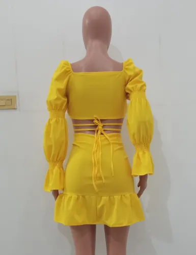 Yellow Bubble Sleeve Crop Top and Ruched Shirring Skirt 2PCS Set