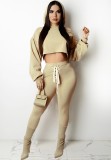 Khaki Drop Shoulder Lace Up Hoody Crop Top and Pant 2PCS Set