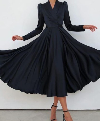 Black Silk Wrap Long SLeeve Skater Maxi Dress