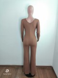 Brown Hollow Out Square-Ring Long Sleeve Jumpsuit