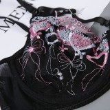 Floral Embroidery Black Underwear Bustier Galter Lingerie 2PCS Set