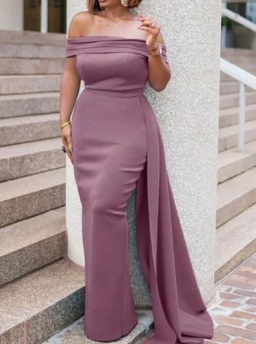 Purple Off Shoulder Elegant Maxi Evening Gown