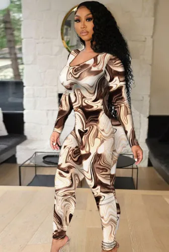 Print O-Neck Lace Up Skinny Jumpsuit