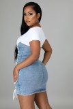 White and Blue Patch Lace Up Short Sleeves Mini Denim  Dress