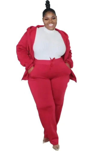 Plus Size Red Drawstring Hoody Top and Pant 2PCS Set