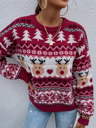 Christmas Trees and Deer Print O-Neck Red Sweater