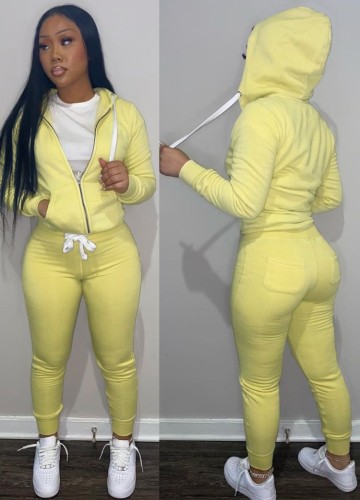 Yellow Long Sleeves Drawstring Hoody Top and Pants Two Piece Set