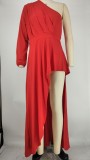 Plus Size Red One Sleeve Oblique Shoulder Irregular Dress