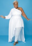 Plus Size White One Sleeve Oblique Shoulder Irregular Dress