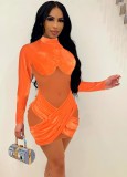 Mesh Patch Orange Velour Midi Neck Mini Fitted Dress