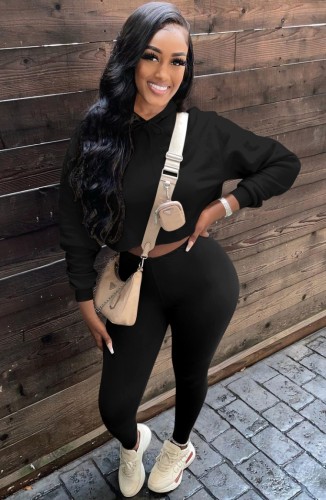 Black Long Sleeve Hoody Top and Fitted Pant 2 Piece Set