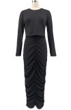 Black Long Sleeve O-Neck Crop Top and Ruched Maxi Skirt 2PCS Set