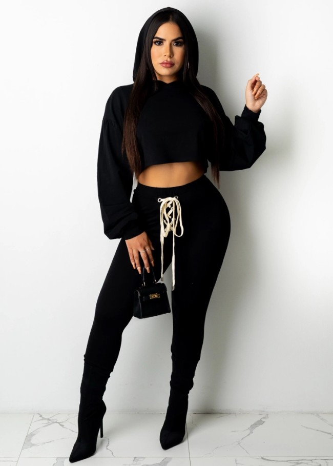 Black Drop Shoulder Lace Up Hoody Crop Top and Pant 2PCS Set