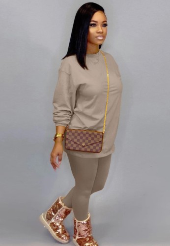 Khaki Long Sleeves O-Neck Top and Pants Two Piece Loungewear
