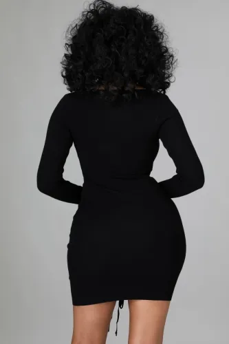 Black Keyhole Lace Up Long Sleeve Mini Dress