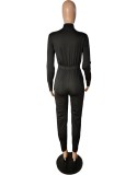 Black Zip Up Drawstring Turndown Collar Long Sleeve Jumpsuit
