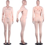 Pale Peach Long Sleeves Drawstring Hoody Top and Pants Two Piece Set