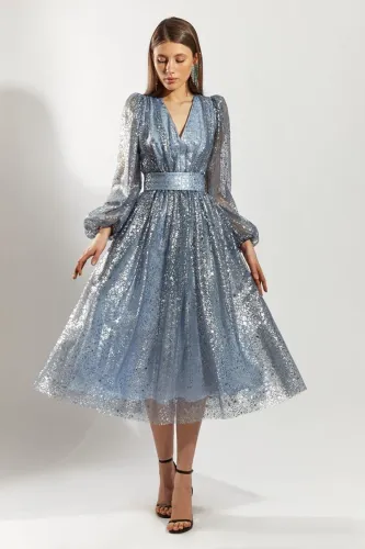 Sequin Blue V-Neck Long Sleeve Prom Dress