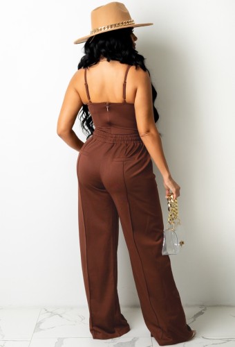 Dark Brown Cami Vest and Drawstring Pants Two Piece Set