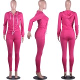 Pink Long Sleeves Drawstring Hoody Top and Pants Two Piece Set