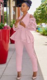 Pink Ruffles Lace Turndown Collar Blazer and Pant Two Piece Set