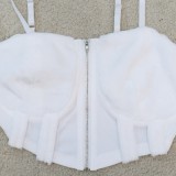 White Zip Open Cami Crop Top and High Waist Shorts Two Piece Set