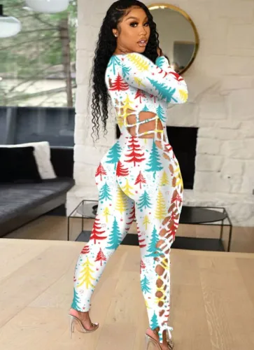 Christmas Print Hollow Out Lace Up Tight Jumpsuit