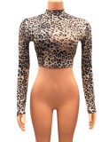 Leopard Print Long Sleeve Fitted Crop Top