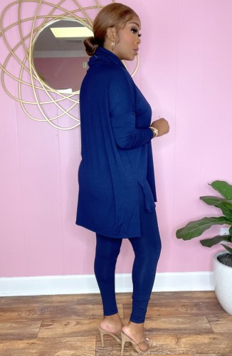Blue Heaps Collar Long Shirt and Tight Pants Two Piece Set