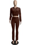 Brown Velvet Zipper Crop Hoody Two Piece Tracksuit