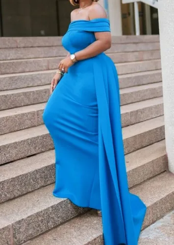 Blue Off Shoulder Elegant Maxi Evening Gown