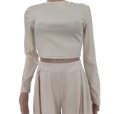 Apricot O-Neck Long Sleeve Crop Top and Wide Pants Two Piece Set