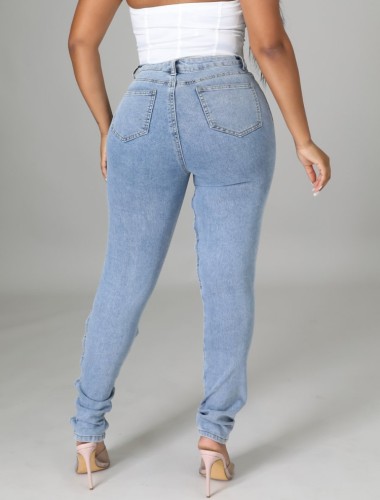 Blue Hollow Out Lace Up Tight Jeans