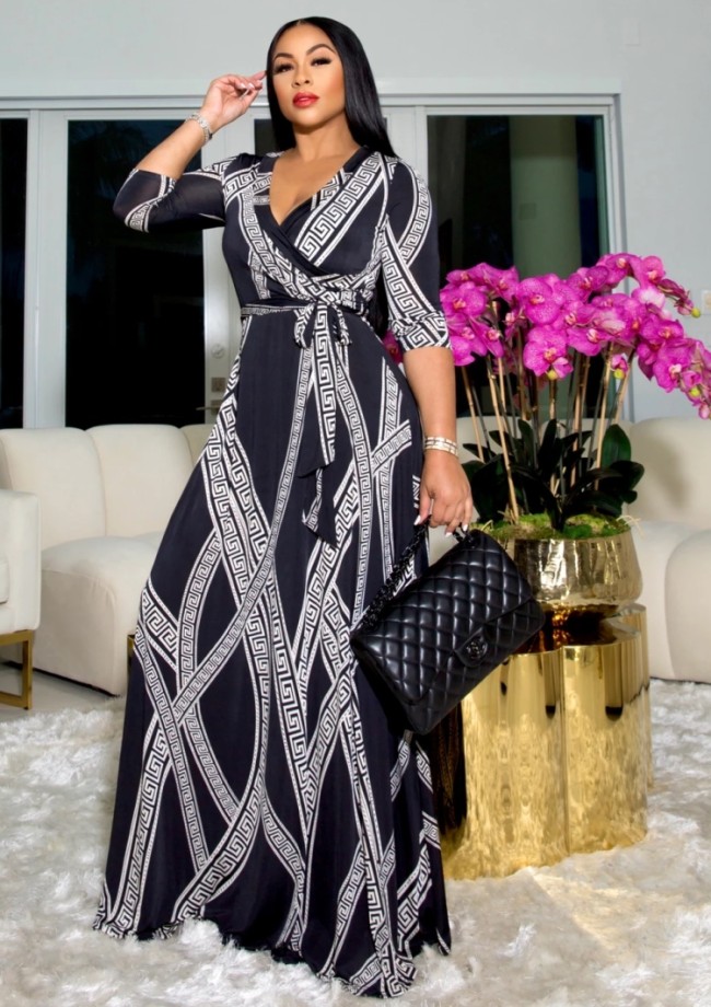 Black Printed Wrap V-Neck Long Sleeve Maxi Dress with Belt