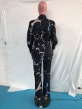 Print Black Button Up Long Sleeves Blouse and Pants Two Piece Set