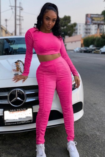 Pink Ruched Long Sleeve O-Neck Crop Top and Pant Two Piece Set