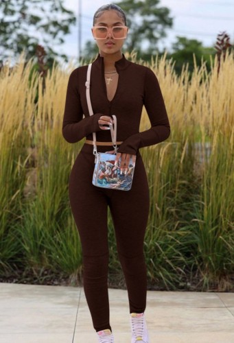 Brown Zipper Open Long Sleeve Top and Pants Two Piece Set