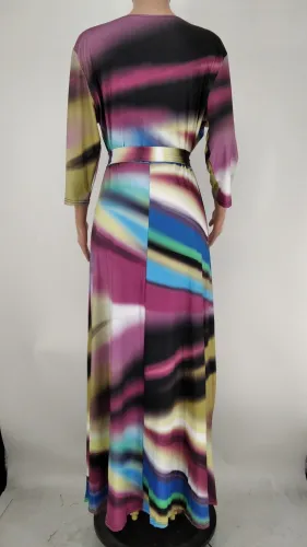 Plus Size Colorful Print Wrap Long Sleeve Maxi Dress with Belt