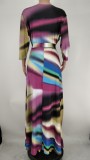 Plus Size Colorful Print Wrap Long Sleeve Maxi Dress with Belt