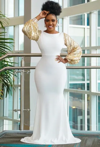 Gold Sequins Puff Sleeve White Backless Mermaid Dress