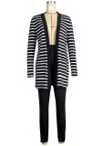 White and Black Stripes Long Cardigans and Black Pants 2PCS Set