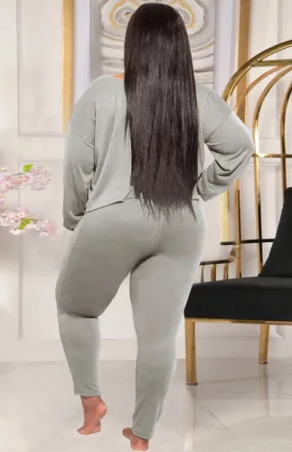Plus Size Gray Boat Neck Irregular Top and Tight Pants Two Piece Set