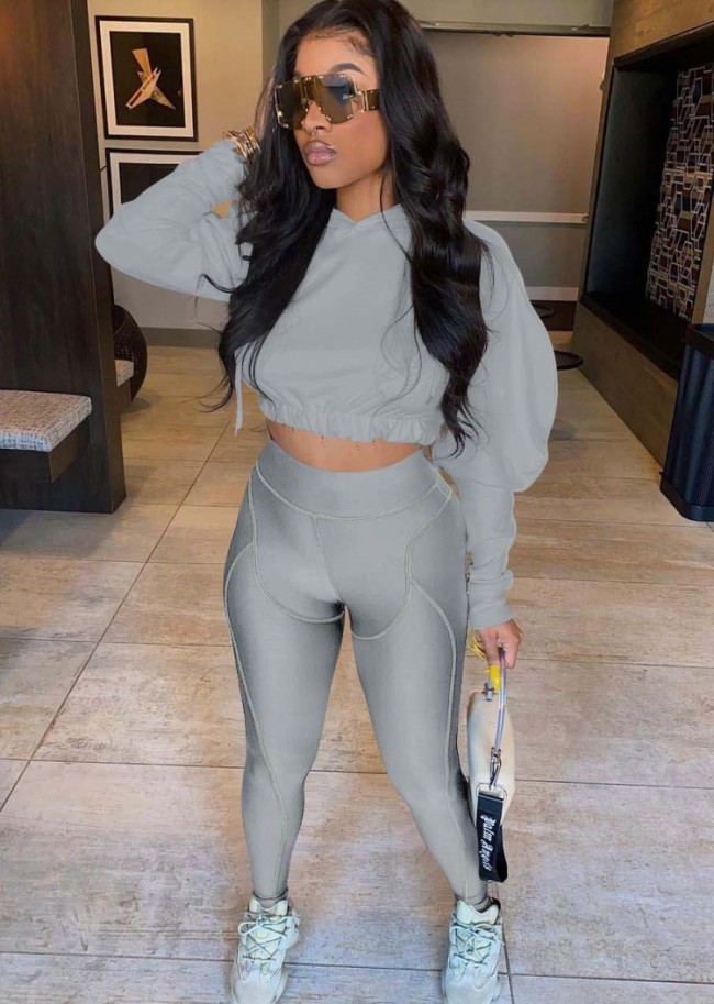 Grey Bubble Sleeve Hoody Crop Top and Line Pant Two Piece Set