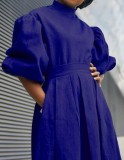 Royal Blue Bubble Sleeve High Neck Pleated Long Dress